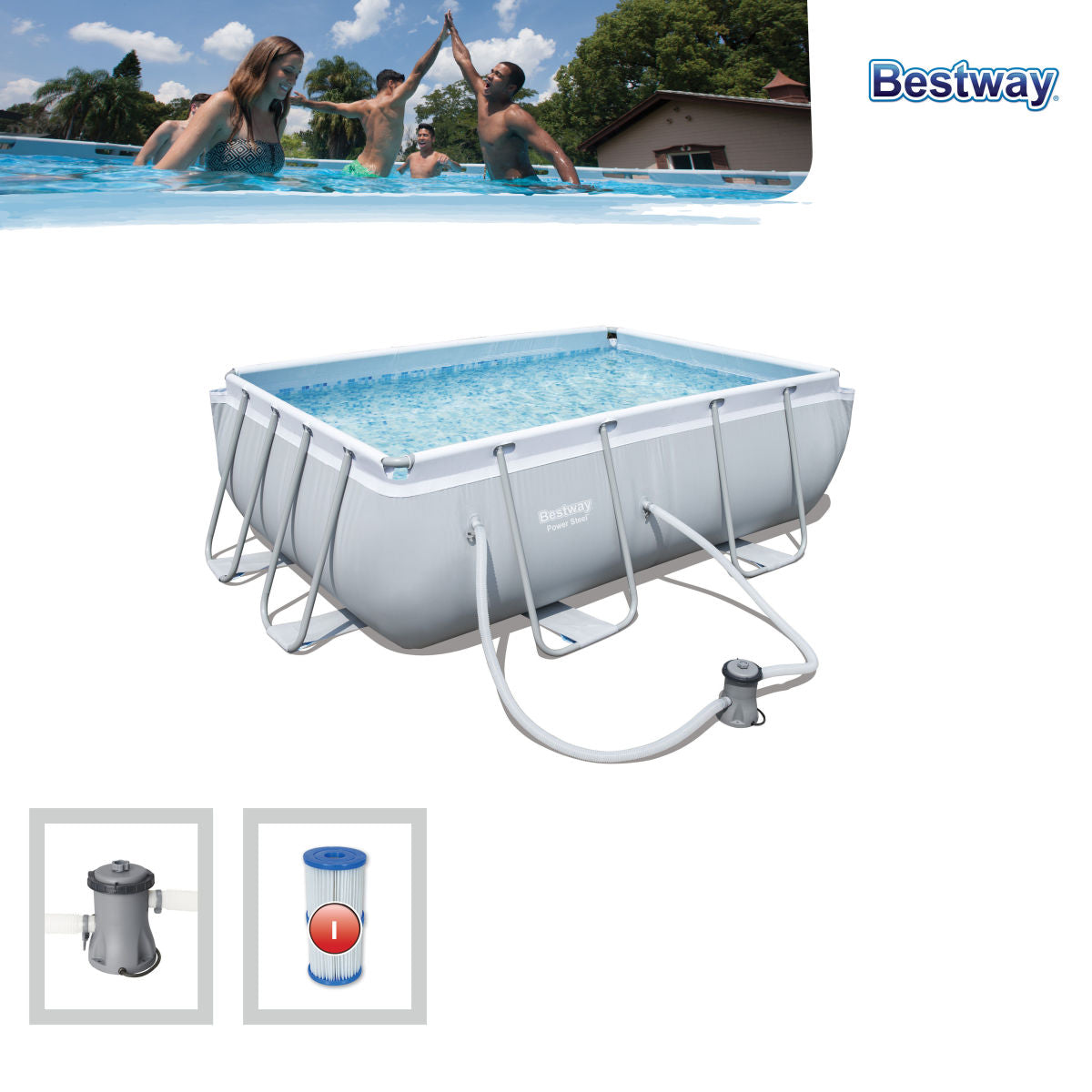 Bestway Power Steel Rectangular Pool Set - 2.82m X 1.96m X 84cm - Colorland Toys