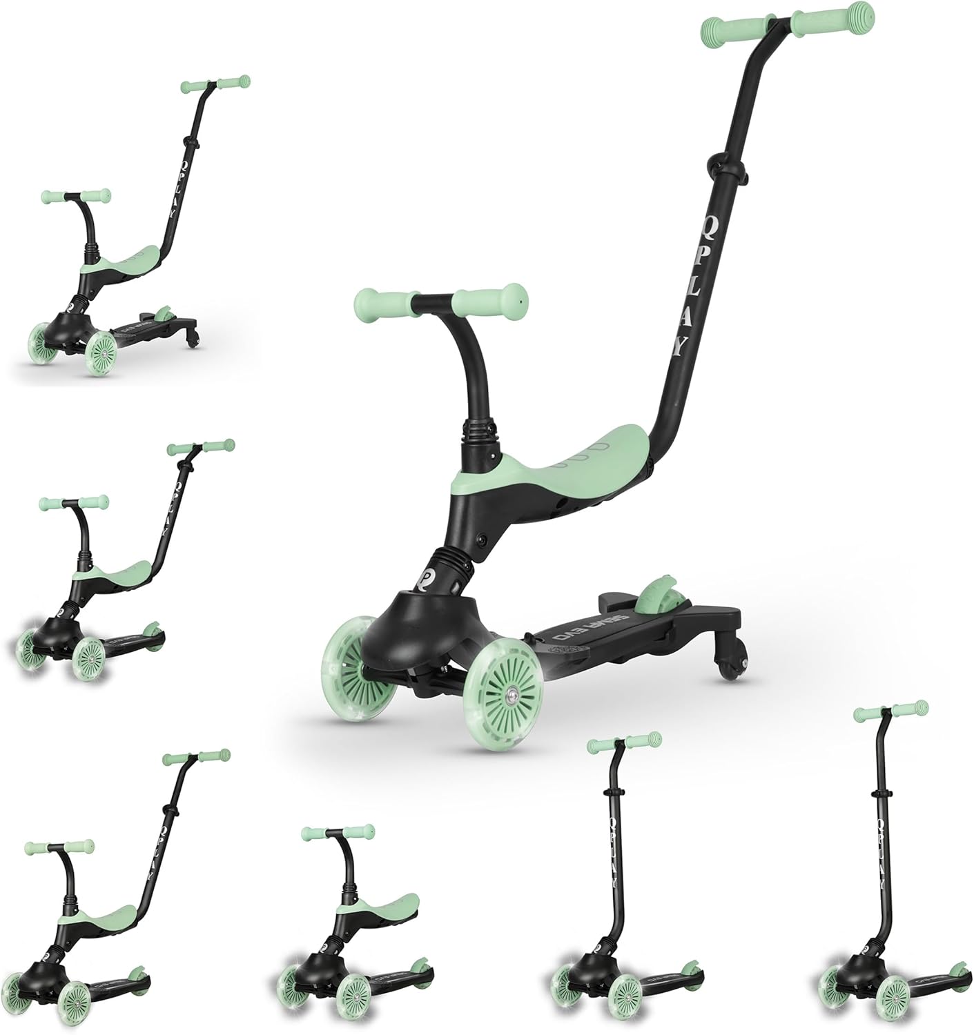 QPlay Sema EVO 5-in-1 Ride-On Scooter with LED, Green