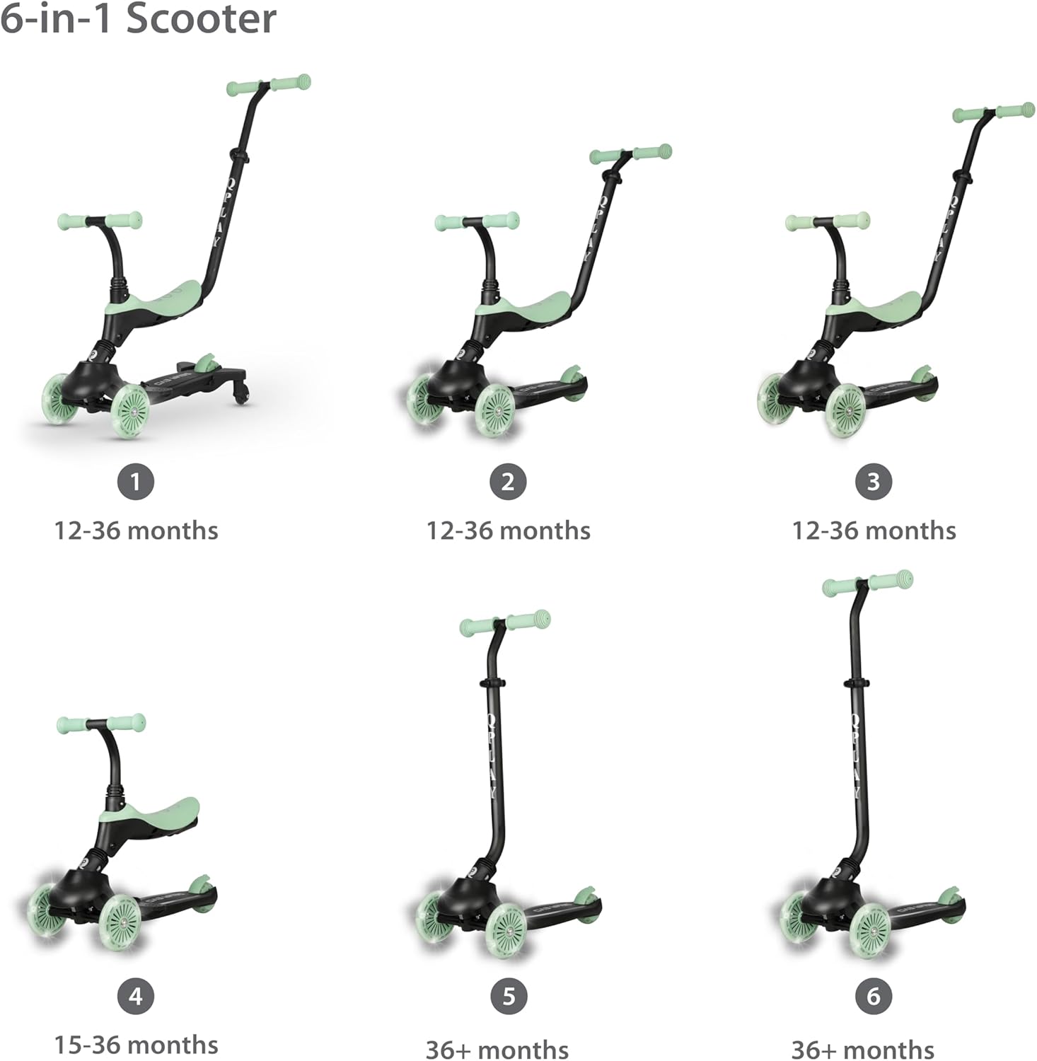 QPlay Sema EVO 5-in-1 Ride-On Scooter with LED, Green — view 8