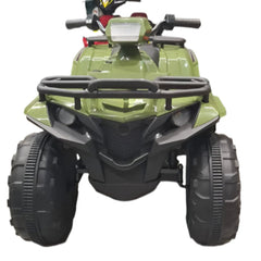 Green and black toy ATV on a tiled floor with other ATVs in the background.