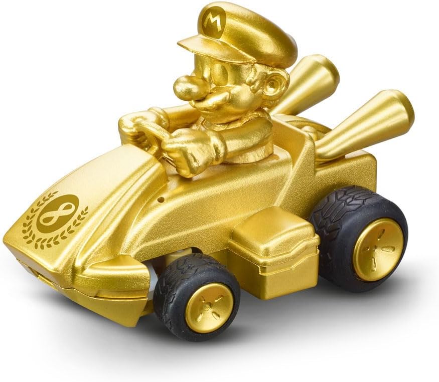 Gold toy car with a mario driving on a white background