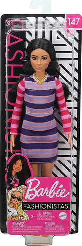Barbie Fashionistas Doll 147 with Long Brunette Hair & Striped Dress - Colorland Toys