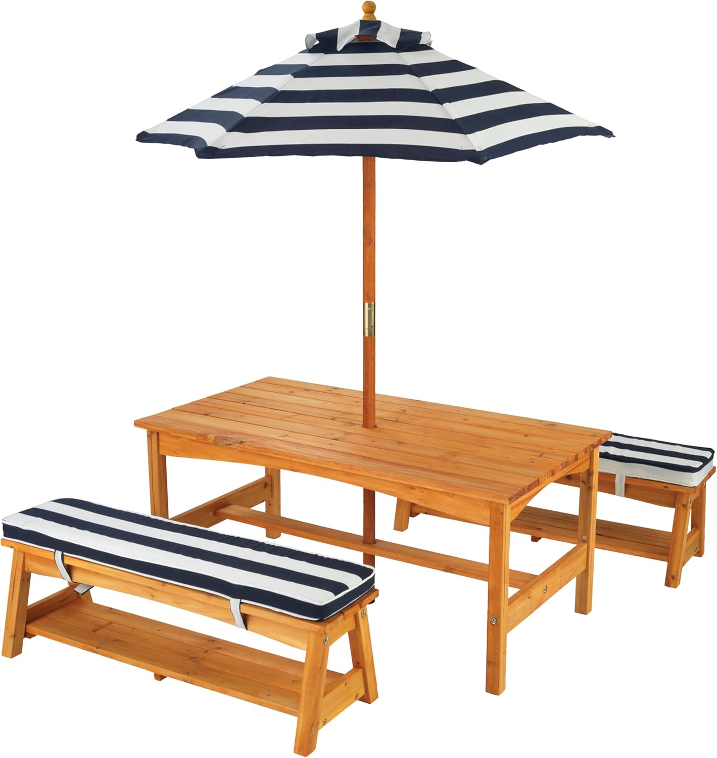 Outdoor Table & Bench Set with Cushions & Umbrella - Navy & White Stripes - Colorland Toys