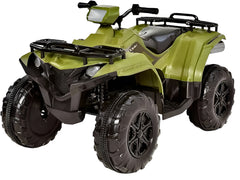 Green and black toy ATV on a white background