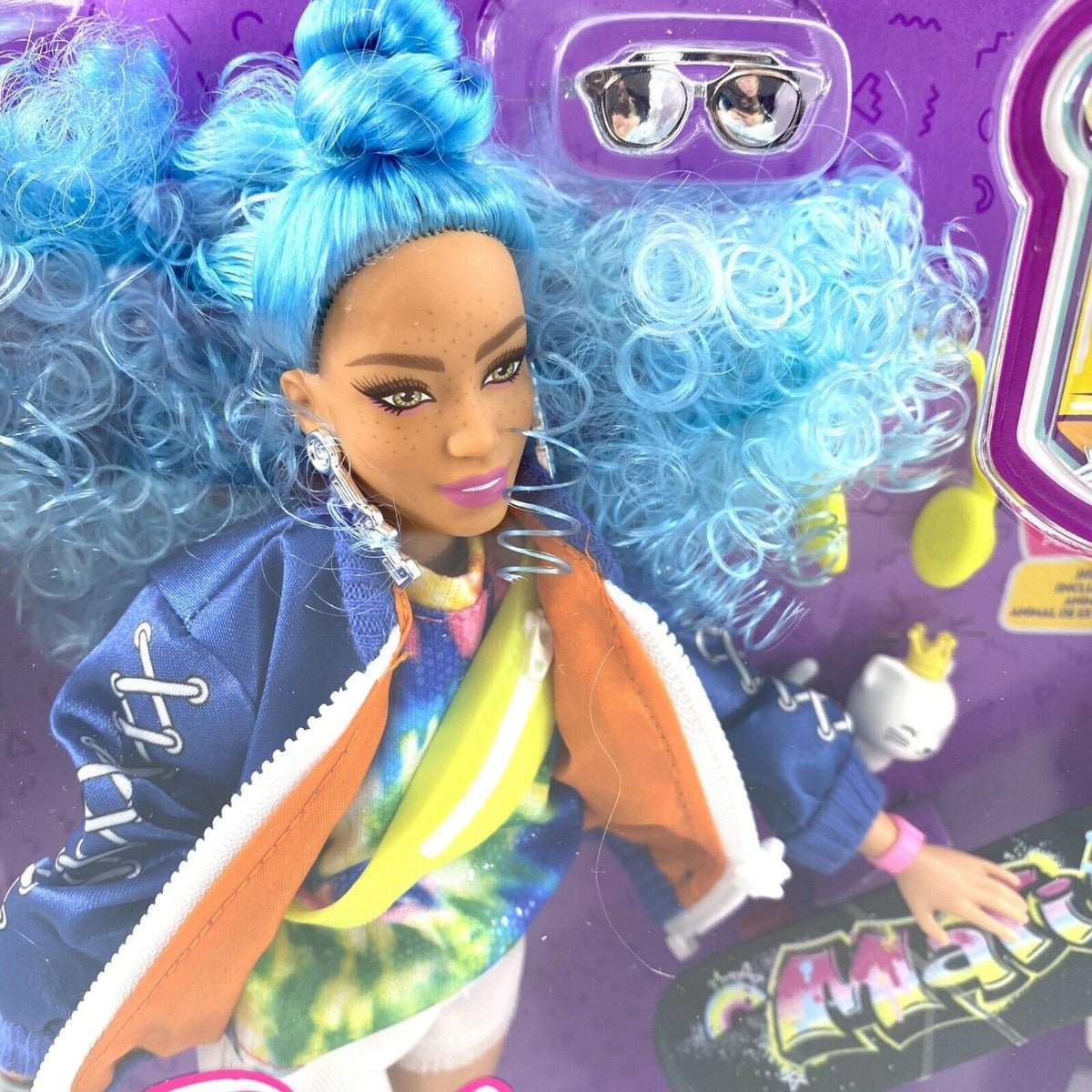 Barbie EXTRA Doll Blue Hair Bomber Jacket Skateboard GRN30 - Colorland Toys
