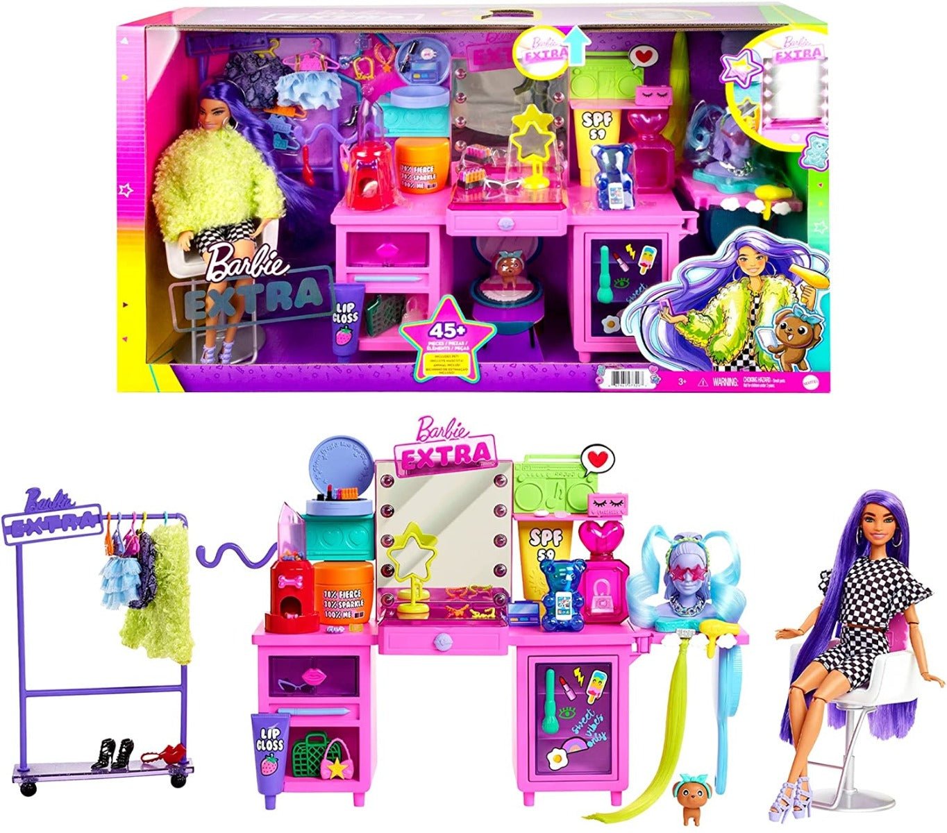 Barbie Extra Doll & Vanity Playset with Exclusive Doll and Pet Puppy GYJ70 - Colorland Toys