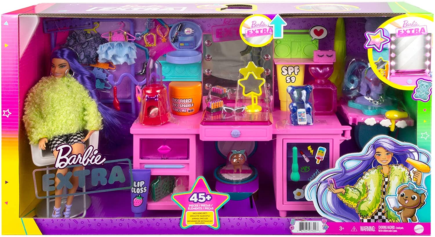Barbie Extra Doll & Vanity Playset with Exclusive Doll and Pet Puppy GYJ70 - Colorland Toys