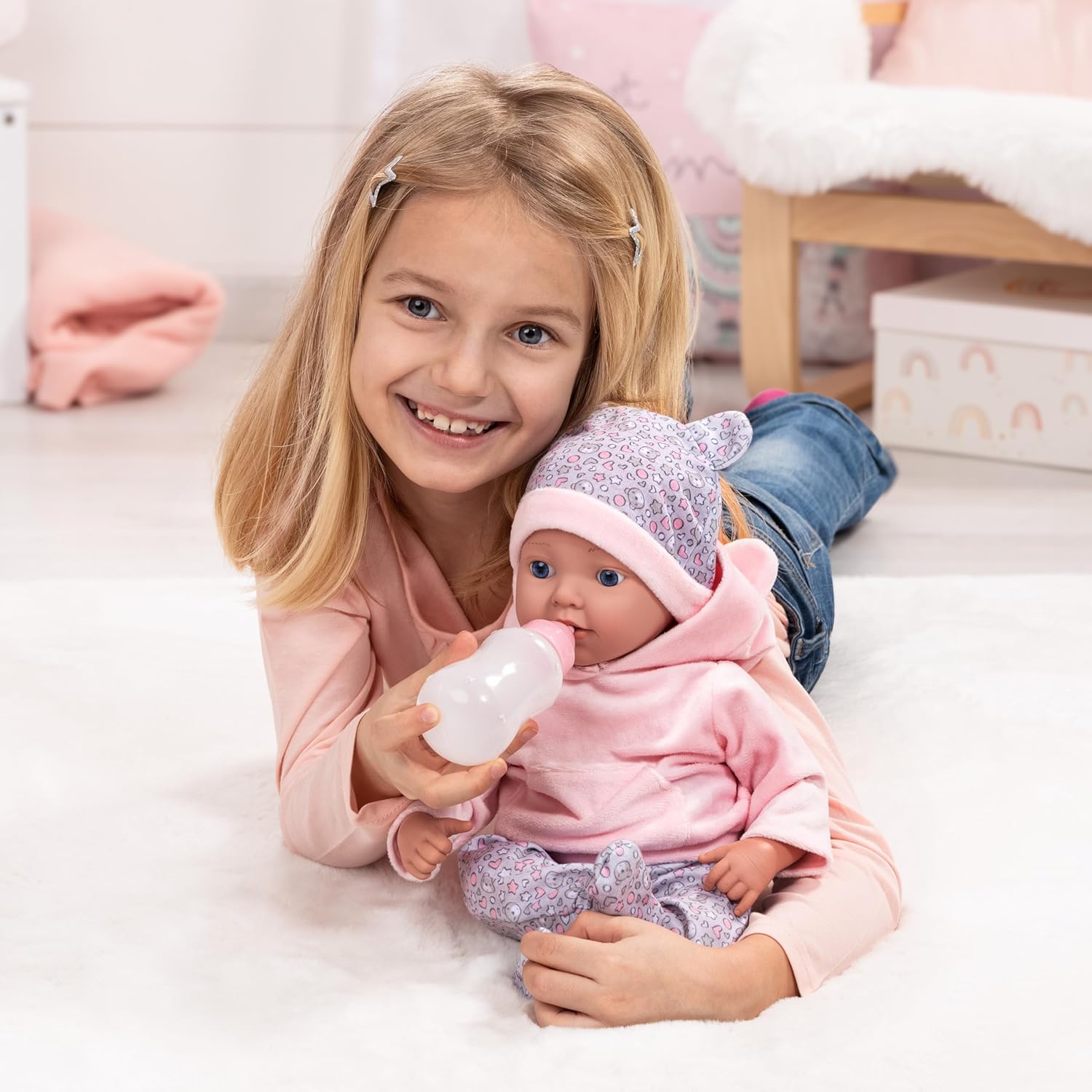 Bayer Design 93827AD Lifelike Reborn Baby Doll 38cm with Dummy, Bottle & Blanket - Colorland Toys