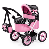 Bayer Design Dolls Pram Trendy - Pink Hearts with Black Hood & Pink Bow - Colorland Toys