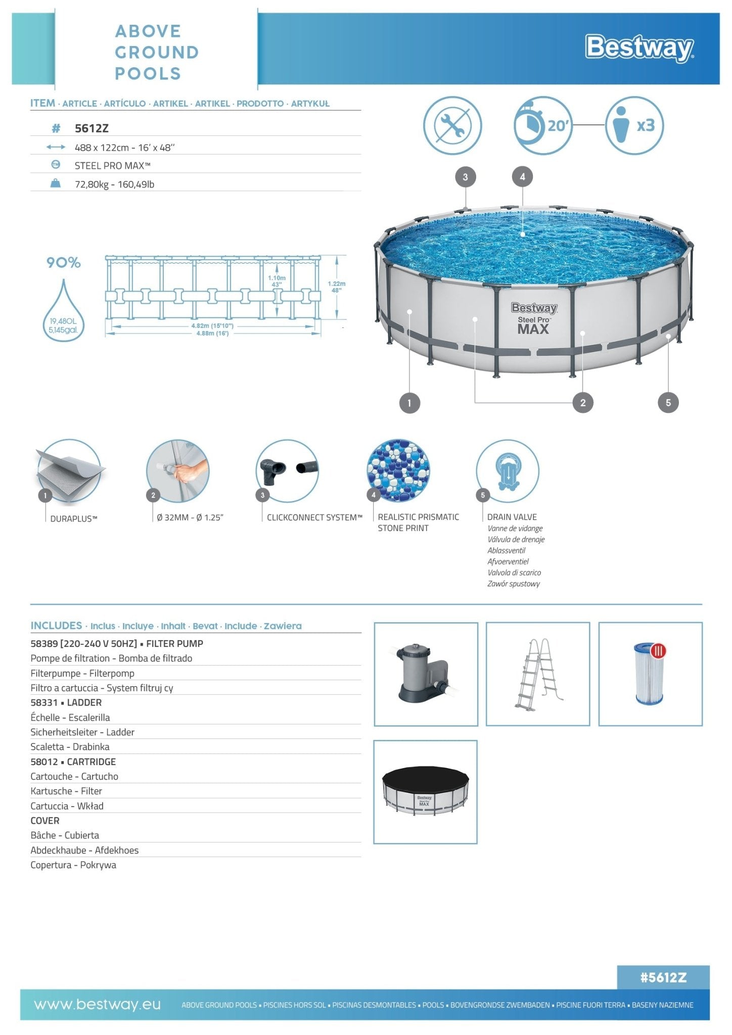 Bestway Round Pool Set 4.88 x 1.22m 5612Z - Colorland Toys