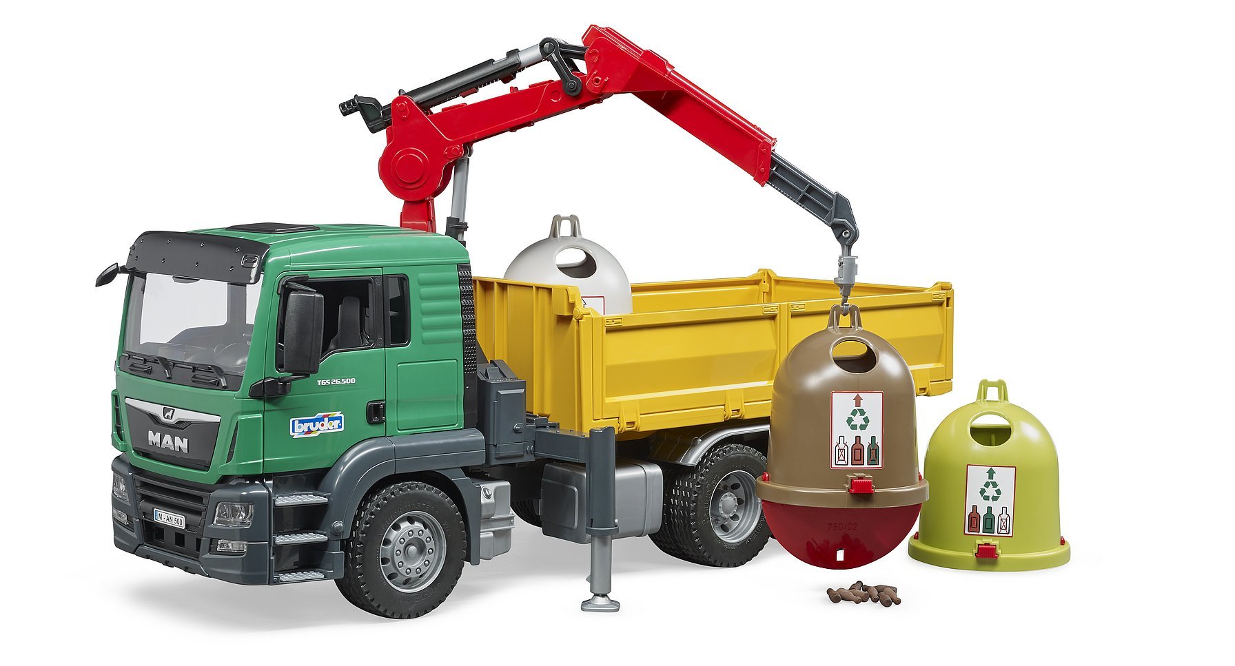 Bruder Man TGS Truck with 3 Glass Recycling Containers and Bottles 03753 - Colorland Toys