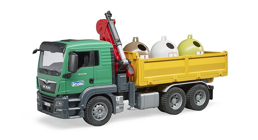 Bruder Man TGS Truck with 3 Glass Recycling Containers and Bottles 03753 - Colorland Toys