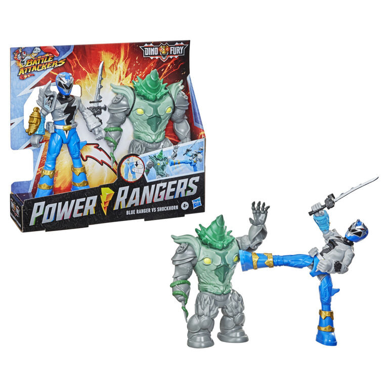 Power Rangers Dino Fury Battle Attackers 2-Pack Blue Ranger vs. Shockhorn Kicking Action Figure - Colorland Toys