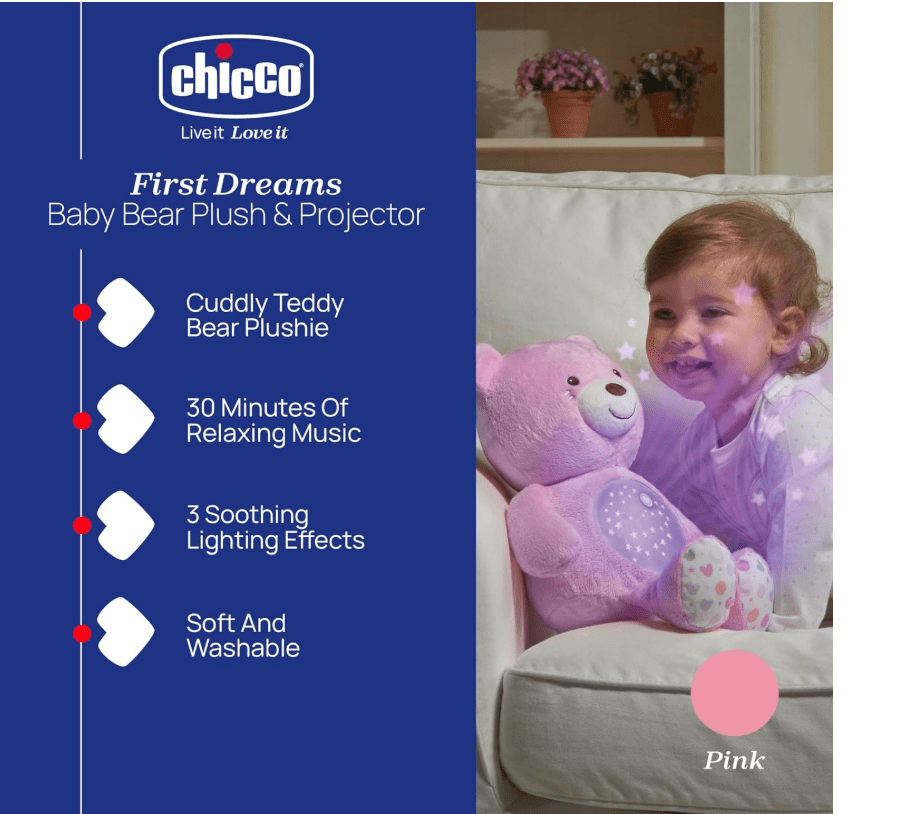 Chicco Baby Bear Night Light (Pink) With Lights & Music CH080151 - Colorland Toys