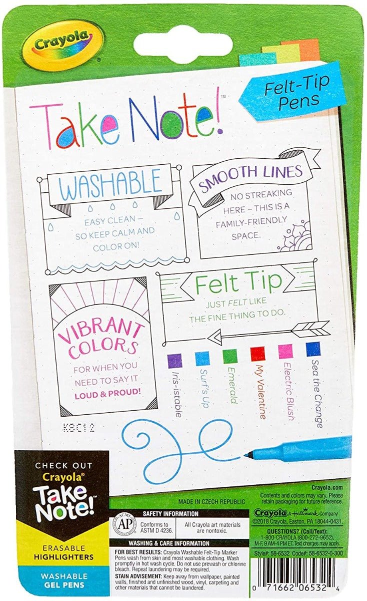 Crayola Take Note Felt - Tip Pens 6 Pack CY58 - 6532 - Colorland Toys