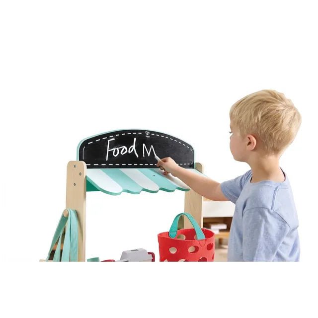 Hape Farmers Market Stall E3209 – Wooden Market Stall Playset with 62 Accessories - Colorland Toys