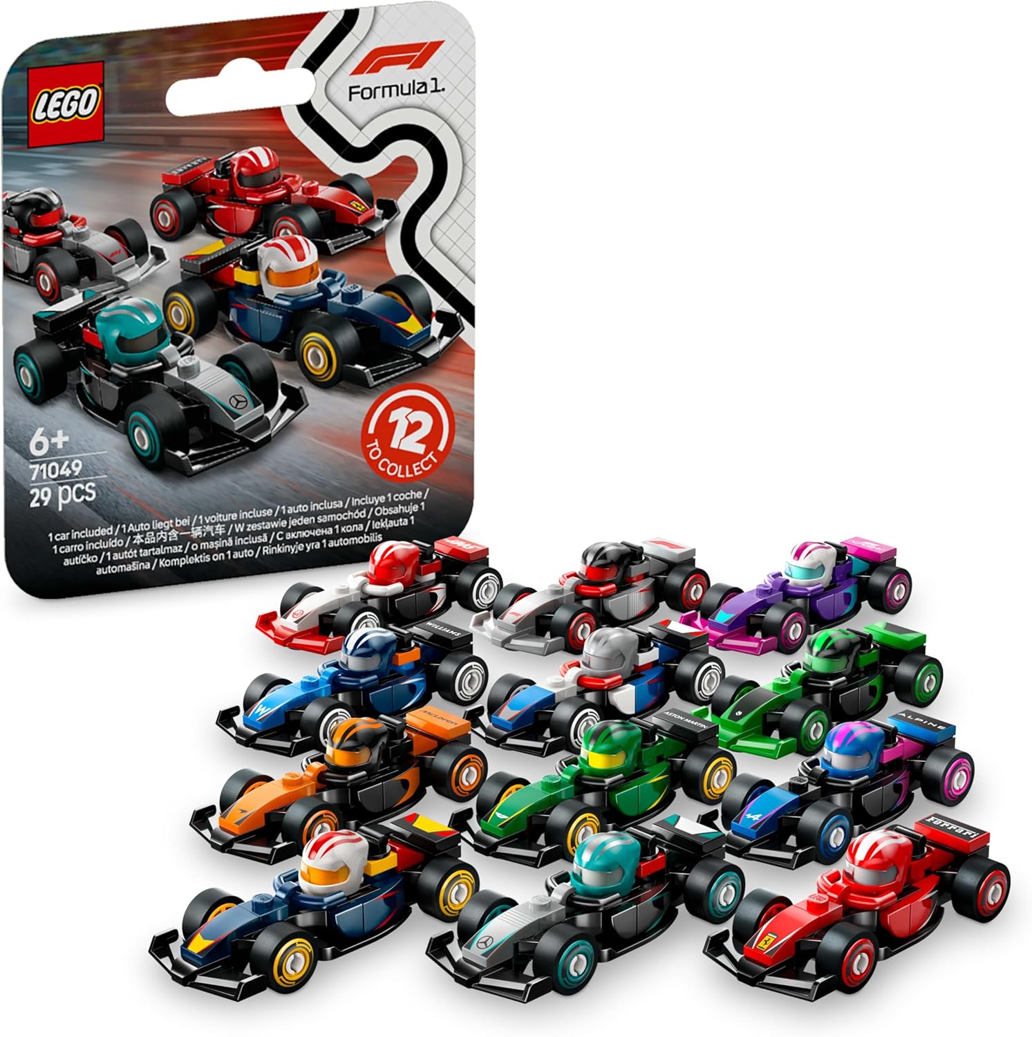 LEGO Minifigures F1 Collectible Race Car Mystery Box (71049) – 1 of 12 Mini Formula 1 Models with Driver Helmet & Moving Wheels - Colorland Toys
