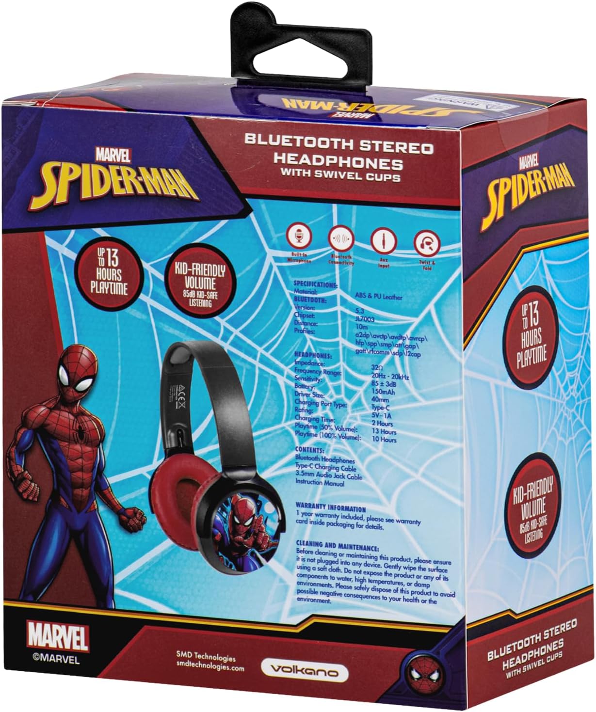 Marvel Spider - Man Bluetooth Wireless Headphones – 13H Playtime, Built - in Mic, Adjustable Fit, Wired & Wireless Modes - Colorland Toys