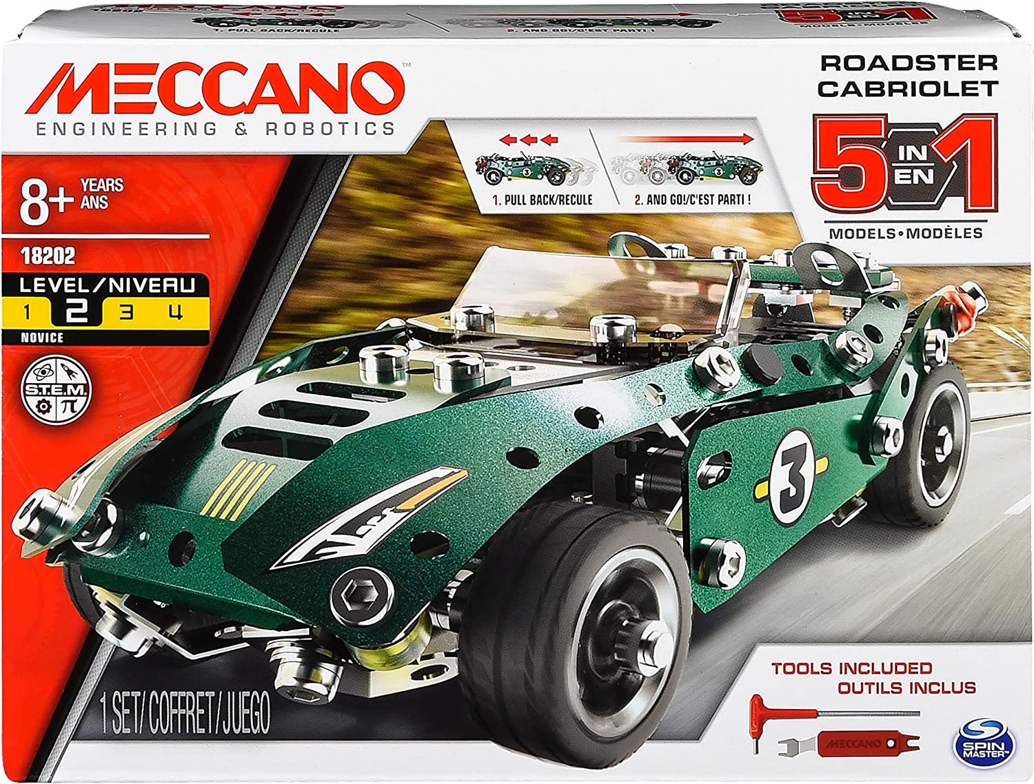 Meccano 5 - in - 1 Roadster Pull Back Car Building Kit 6040176 - Colorland Toys