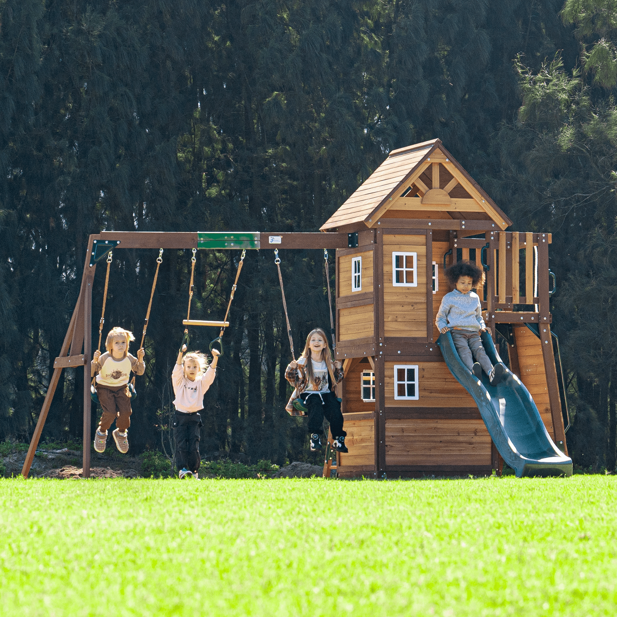 Mount Peak - Kazbek Swing Set And 2 Level Play House With Wooden Roof MP76145 - Colorland Toys