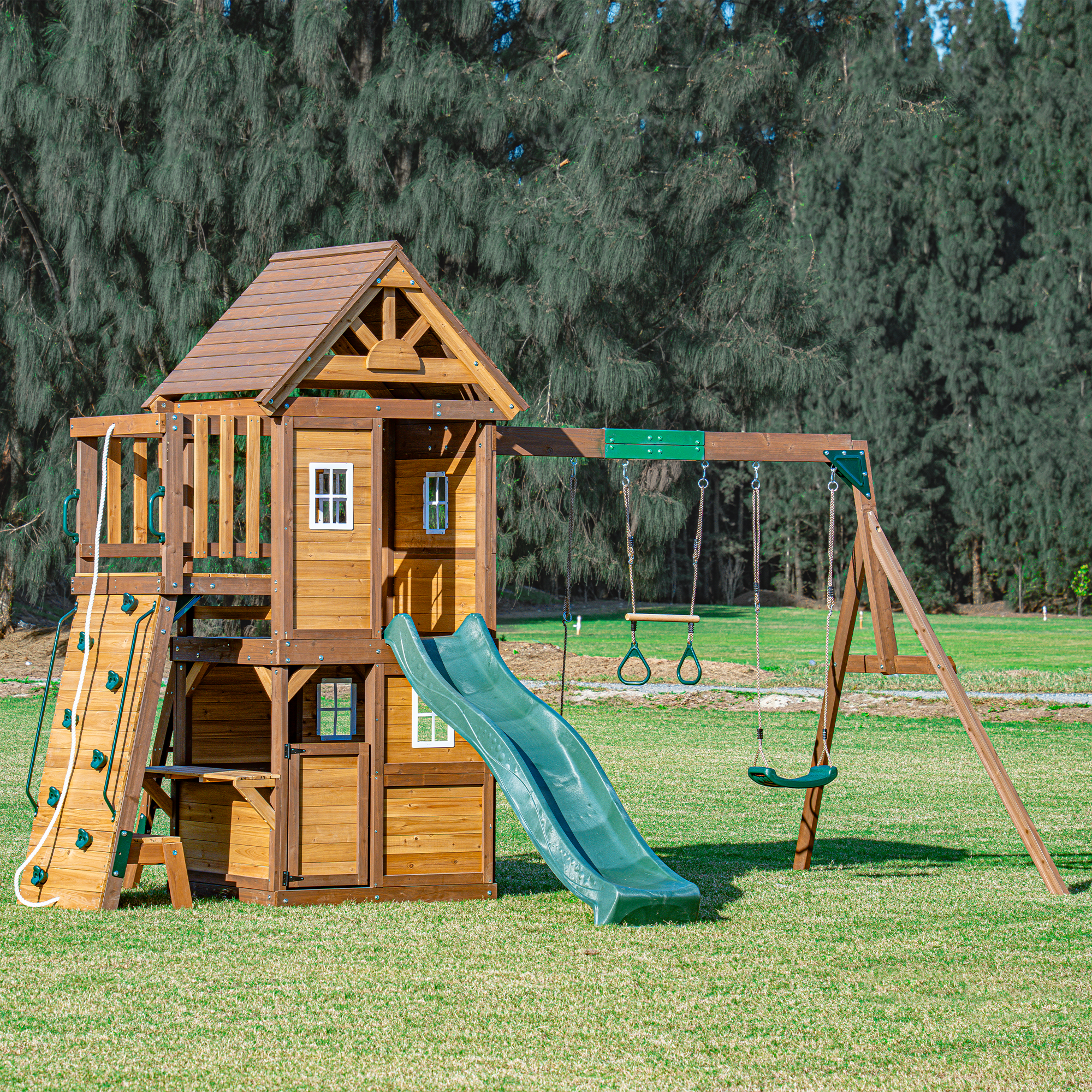 Mount Peak - Kazbek Swing Set And 2 Level Play House With Wooden Roof MP76145 - Colorland Toys