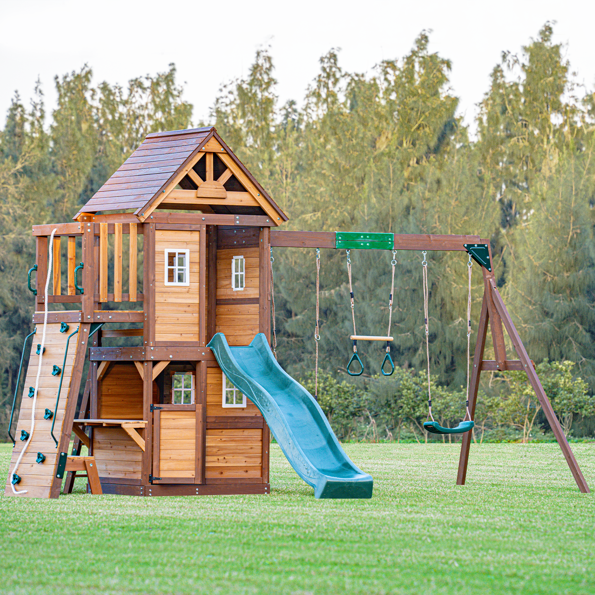 Mount Peak - Kazbek Swing Set And 2 Level Play House With Wooden Roof MP76145 - Colorland Toys