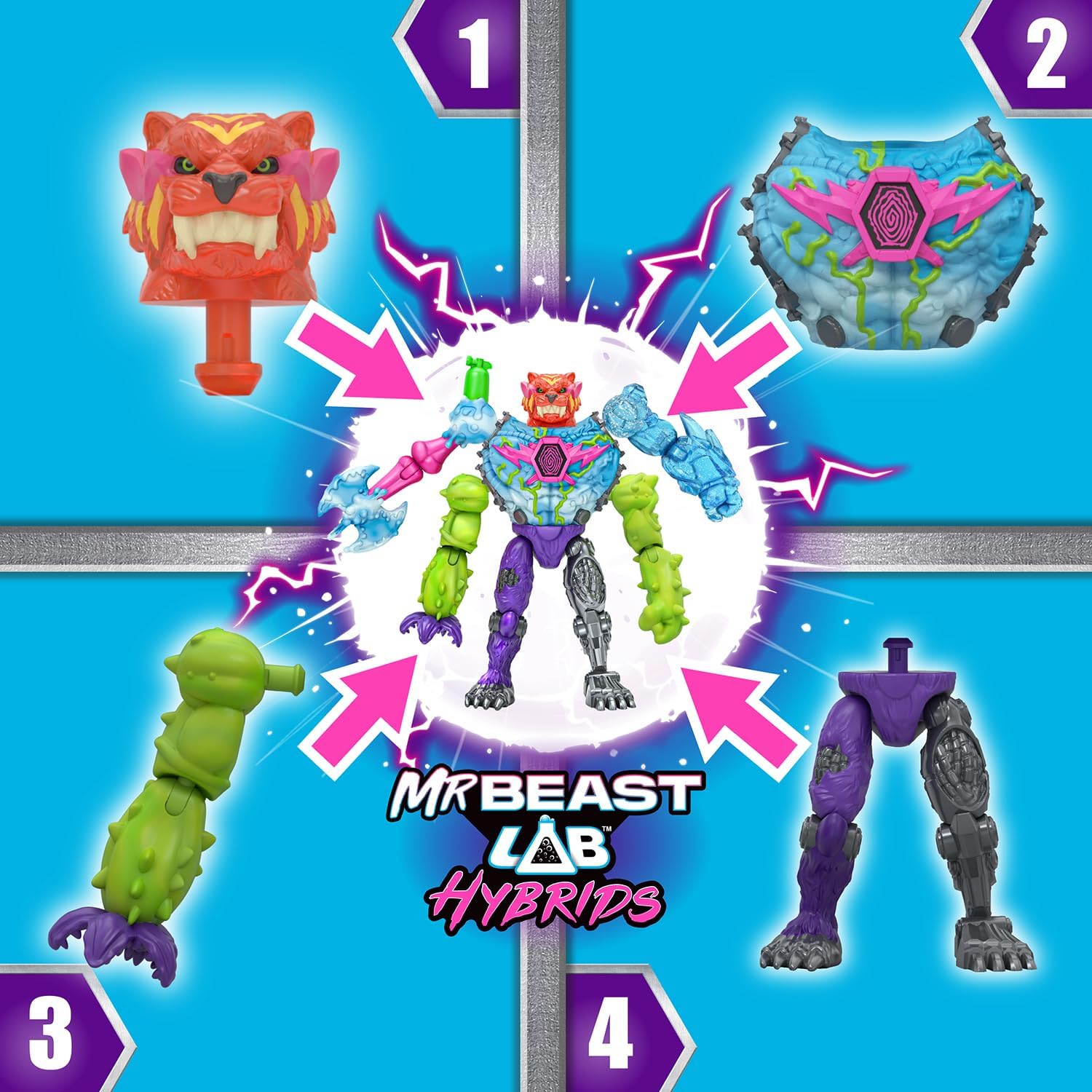 MrBeast Lab Hybrids Mega Pack – Mix & Match Fusion Action Figure Set with 5 Figures, Mega Torso Panther & Water - Reveal Experiment | 30+ Beasts to Collect - Colorland Toys