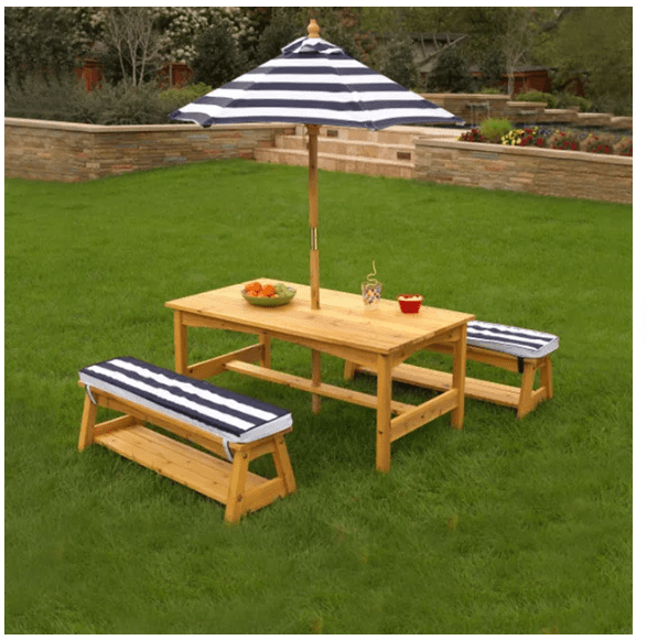 Outdoor Table & Bench Set with Cushions & Umbrella - Navy & White Stripes - Colorland Toys