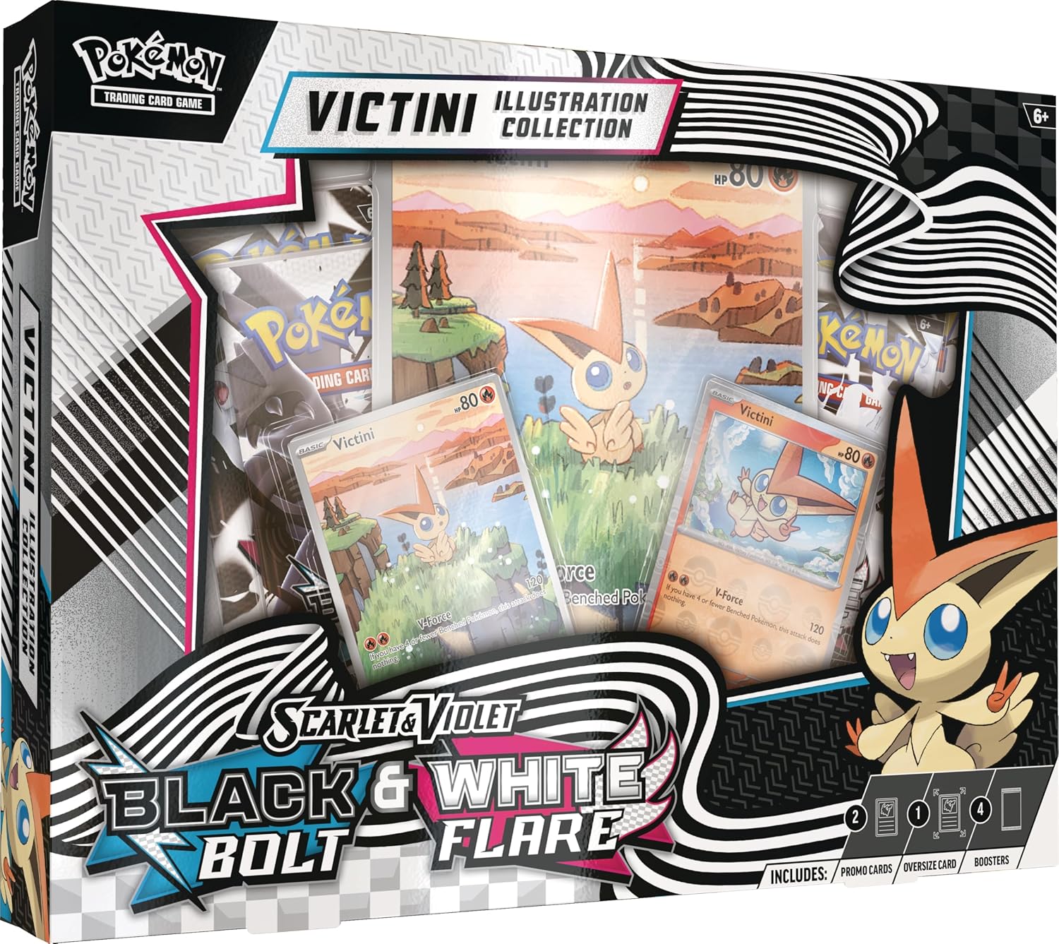 Pokémon TCG: Scarlet & Violet Black Bolt & White Flare – Victini Illustration Collection Box with 4 Booster Packs & Promo Cards - Colorland Toys