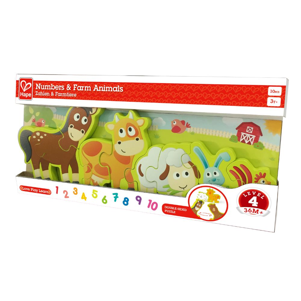 Hape - Double-Sided Numbers & Farm Animal Wooden Jigsaw Puzzle - Colorland Toys