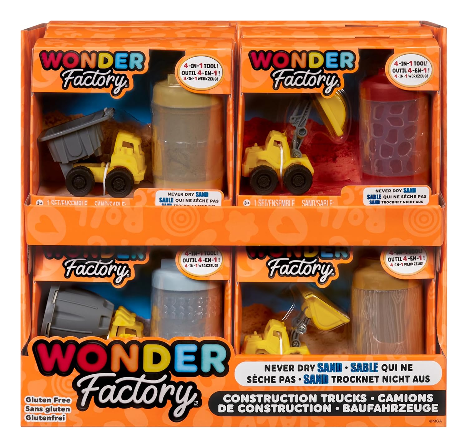 Wonder Factory Never-Dry Sand Construction Trucks Set with Vice & 104ml Sand - Colorland Toys