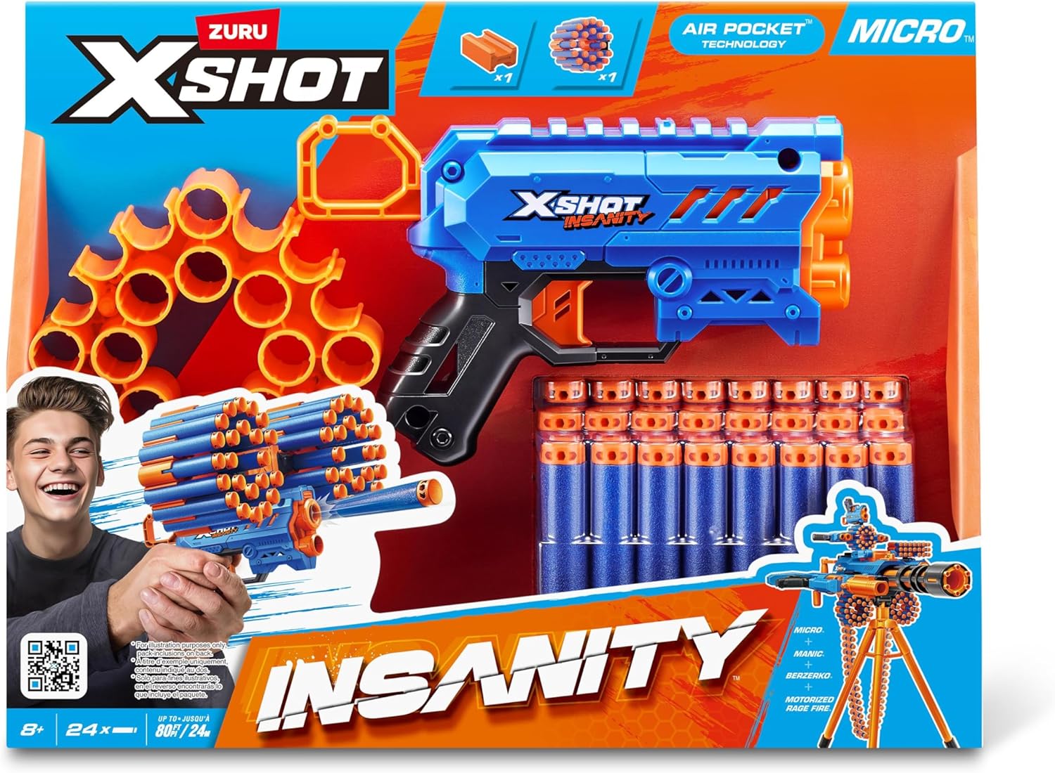 X-Shot Insanity Micro Blaster with 24 Darts – 30m Range Foam Dart Gun