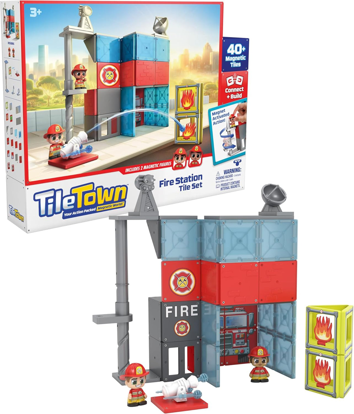 Tile Town Fire House Magnetic Tiles Building Playset for Kids 3+