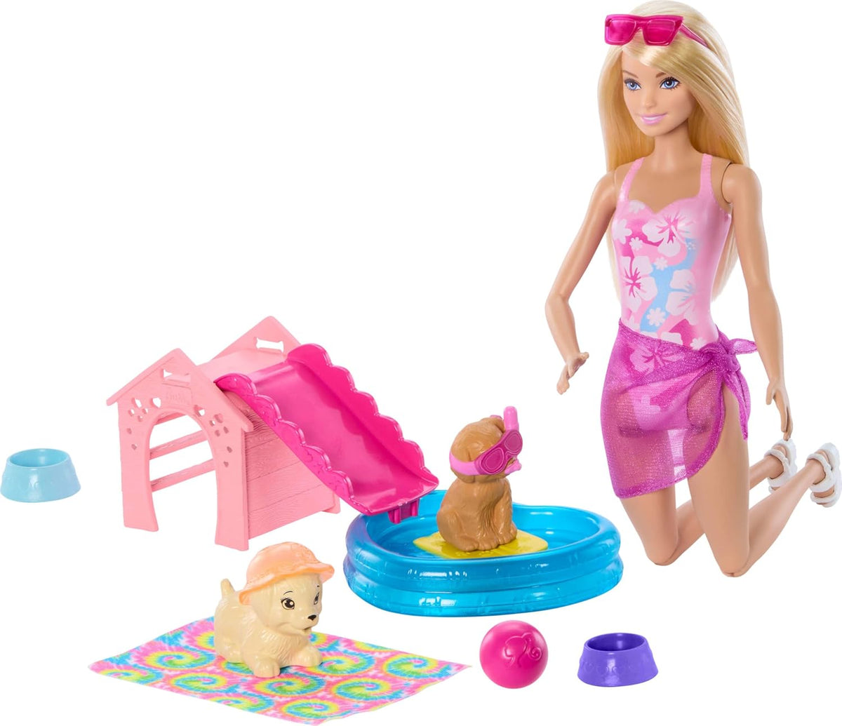 Barbie Puppy Pool Party Playset with Doll, Dog House & Slide