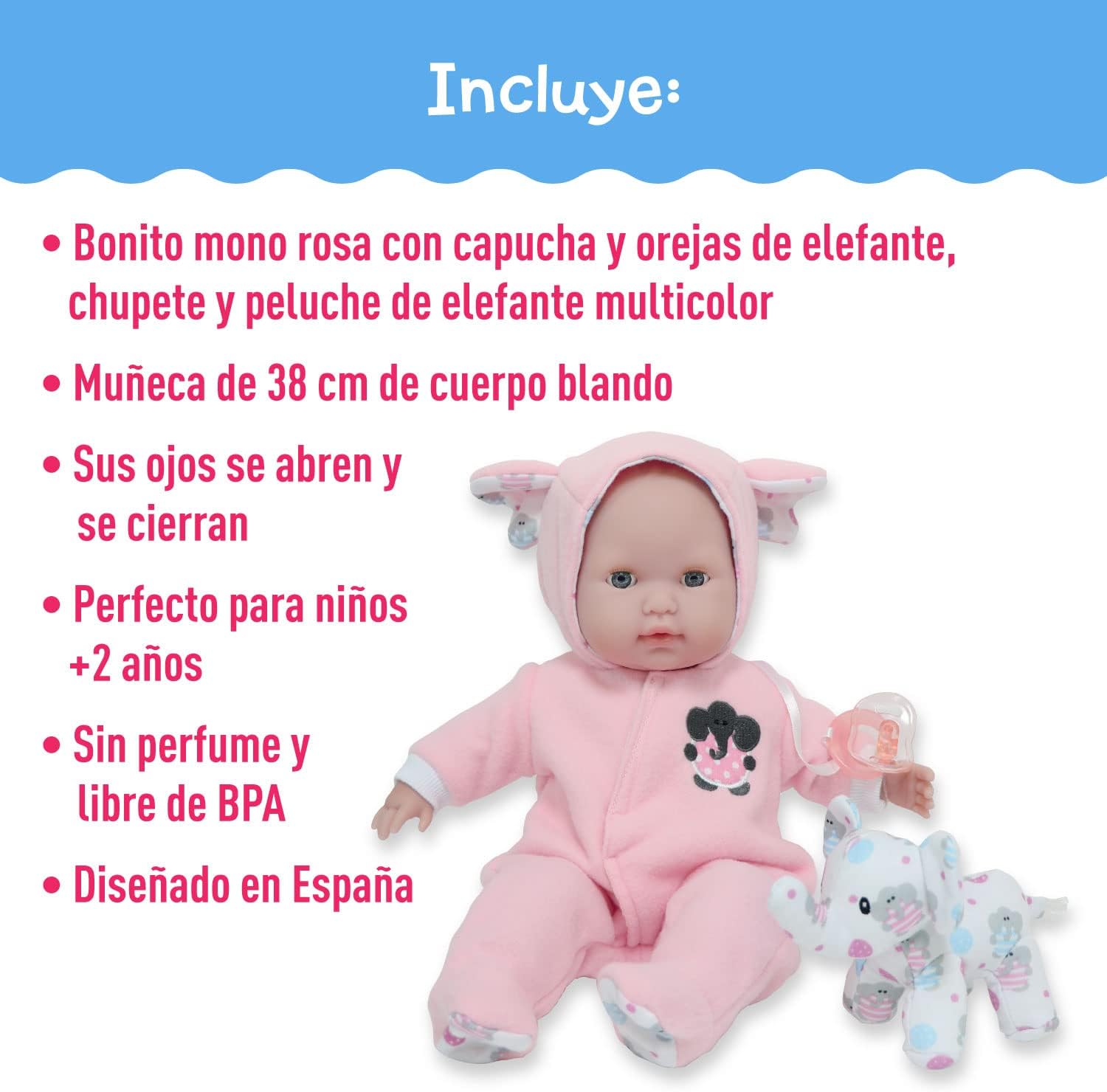 JC Toys Berenguer Boutique 38cm Pink Baby Doll with Elephant Theme — view 2