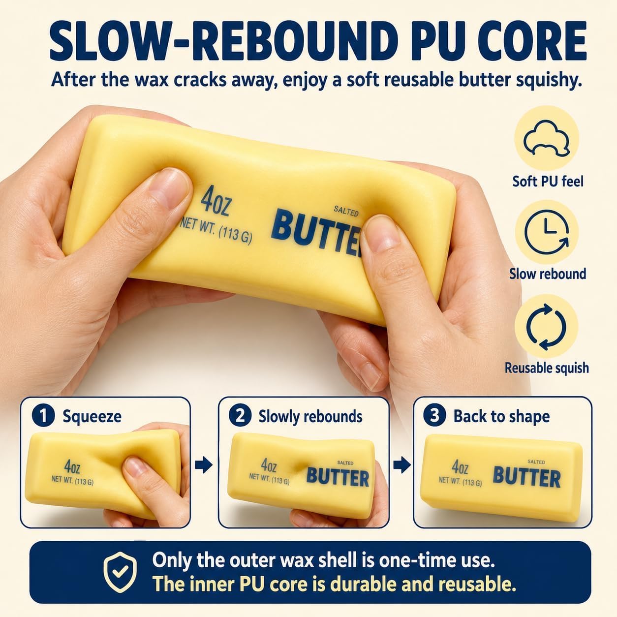 Wax Butter Squishy Crunchy & Slow-Rebound PU Fidget Toy - Yellow — view 3