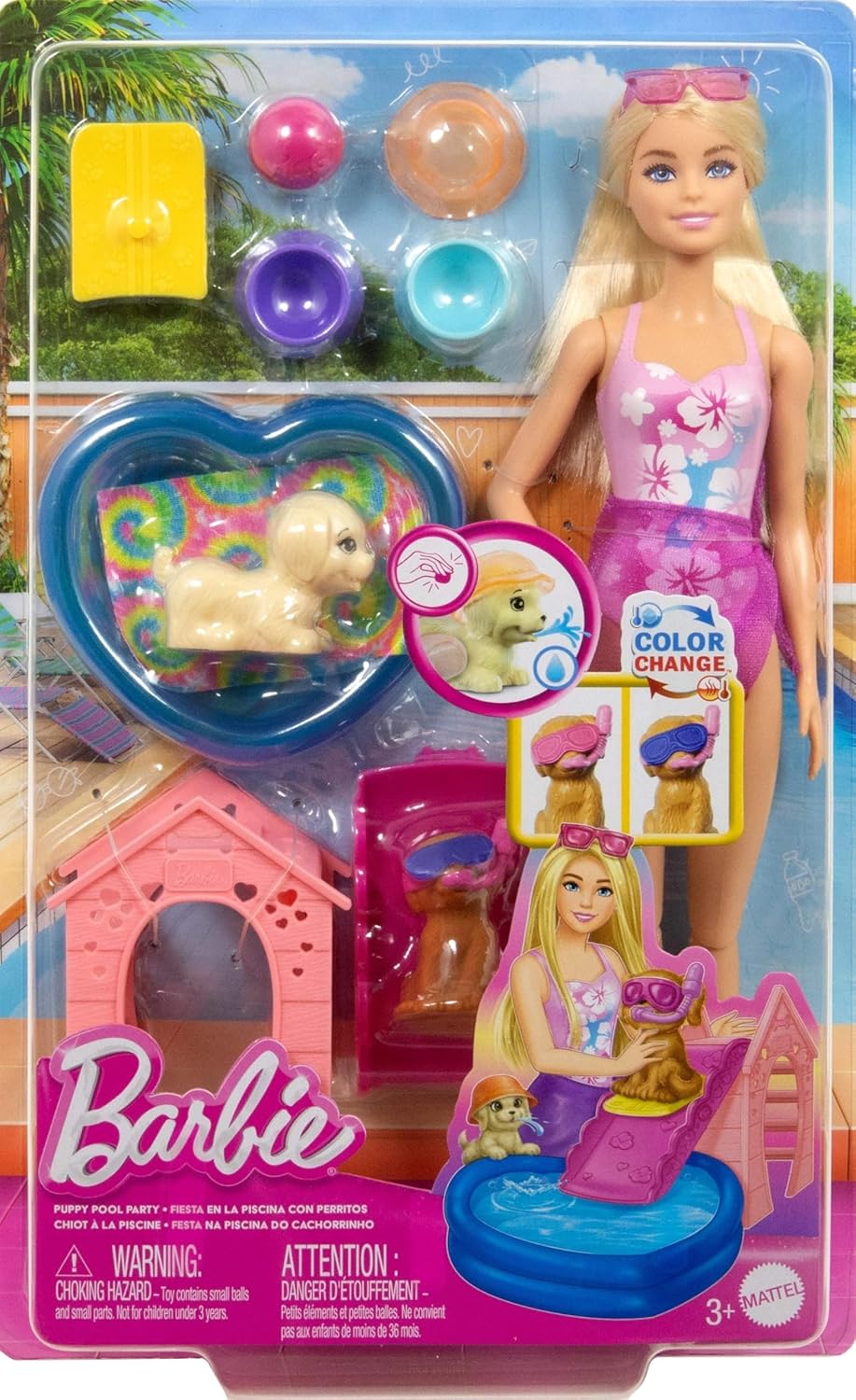 Barbie Puppy Pool Party Playset with Doll, Dog House & Slide — view 6
