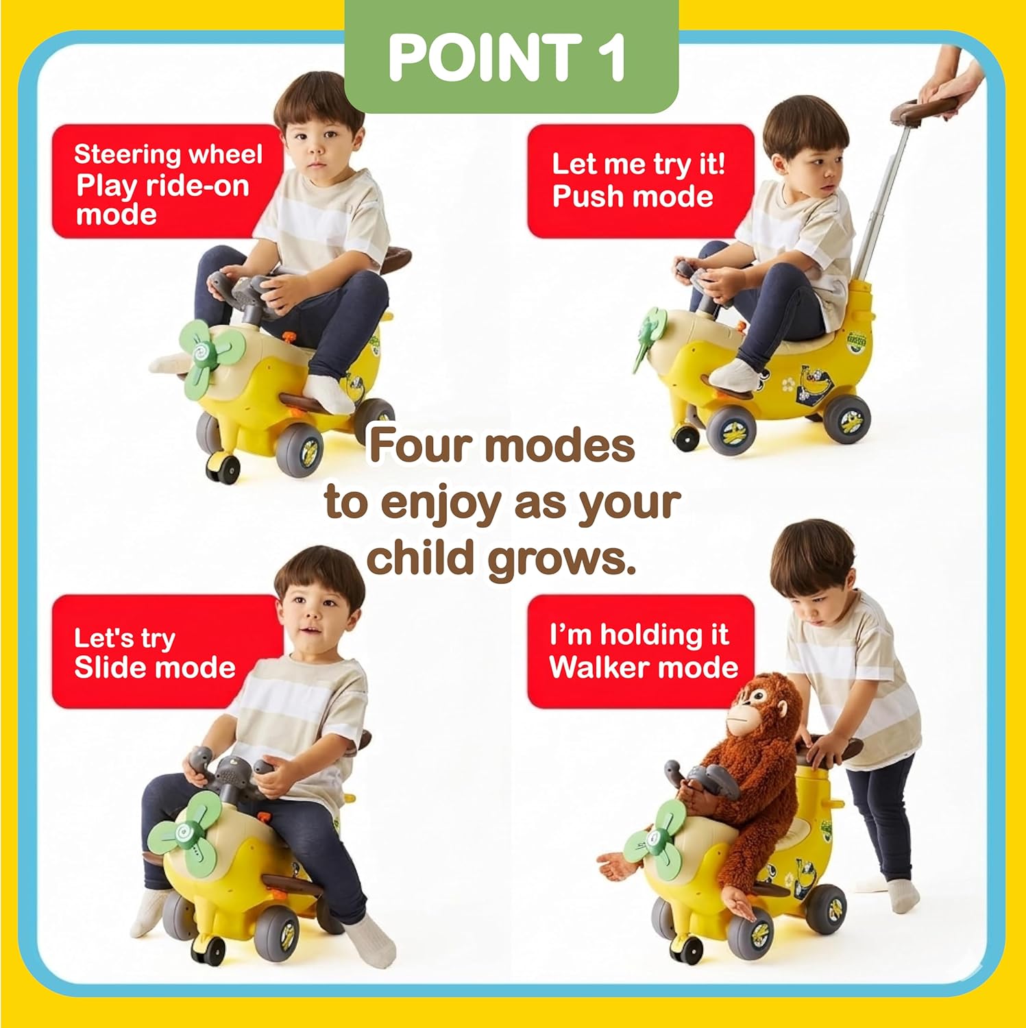 HOLA 4-in-1 Ride-On Push Walker Banana Plane Toy for Toddlers — view 7