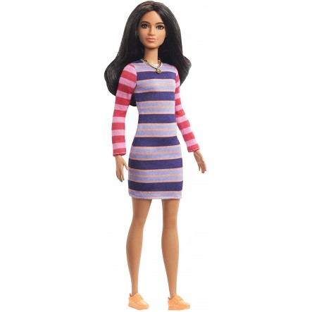 Barbie Fashionistas Doll 147 with Long Brunette Hair & Striped Dress - Colorland Toys