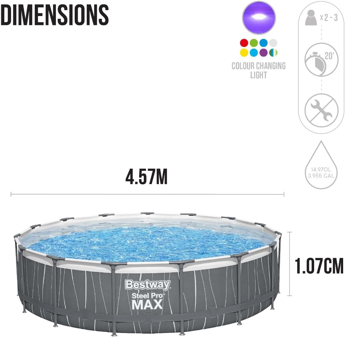 Bestway Steel Pro Max Led 15x42 Round Pool Set 4.57m x 1.07m 561GD