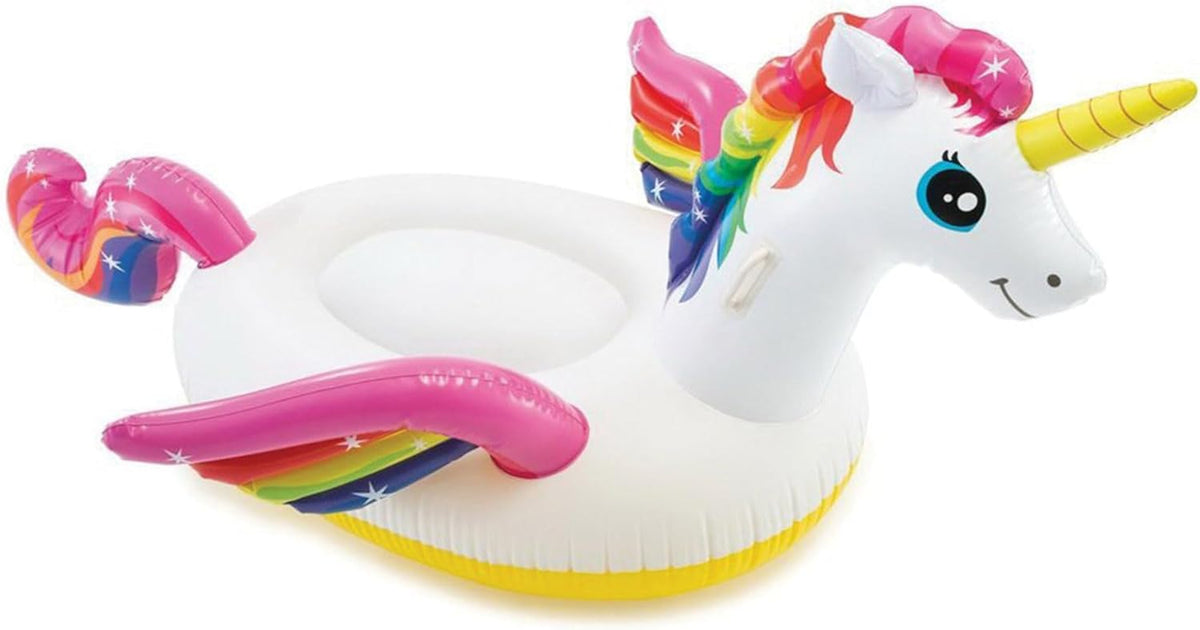 Intex Unicorn Ride-On Inflatable Pool Float with Handles – 155 x 79 x 79 cm | Ages 3+ | Rainbow Sprayer Design