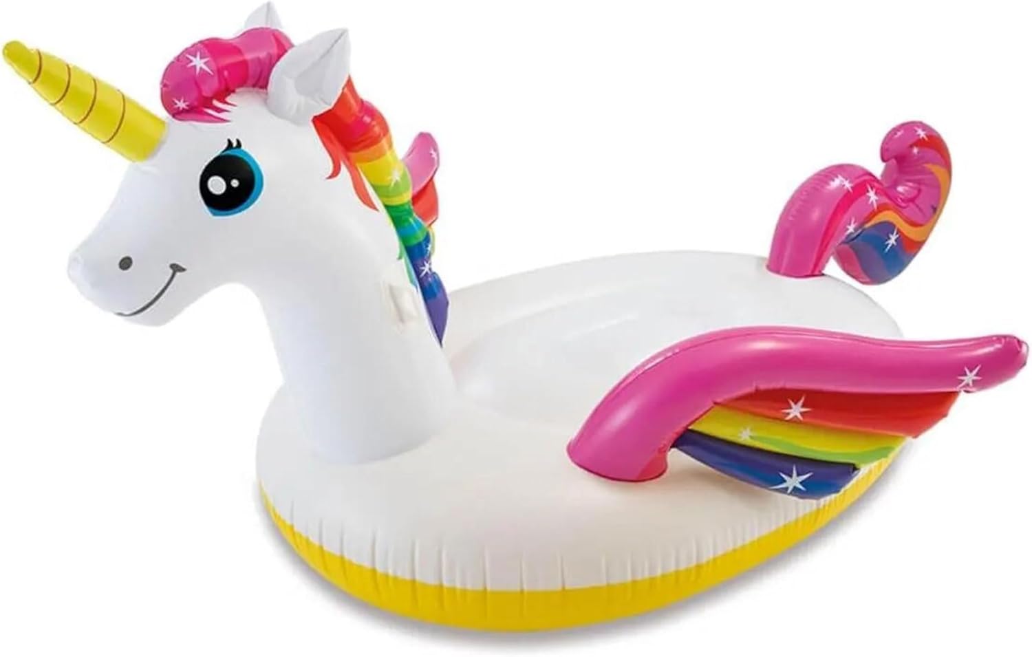 Intex Unicorn Ride-On Inflatable Pool Float with Handles – 155 x 79 x 79 cm | Ages 3+ | Rainbow Sprayer Design
