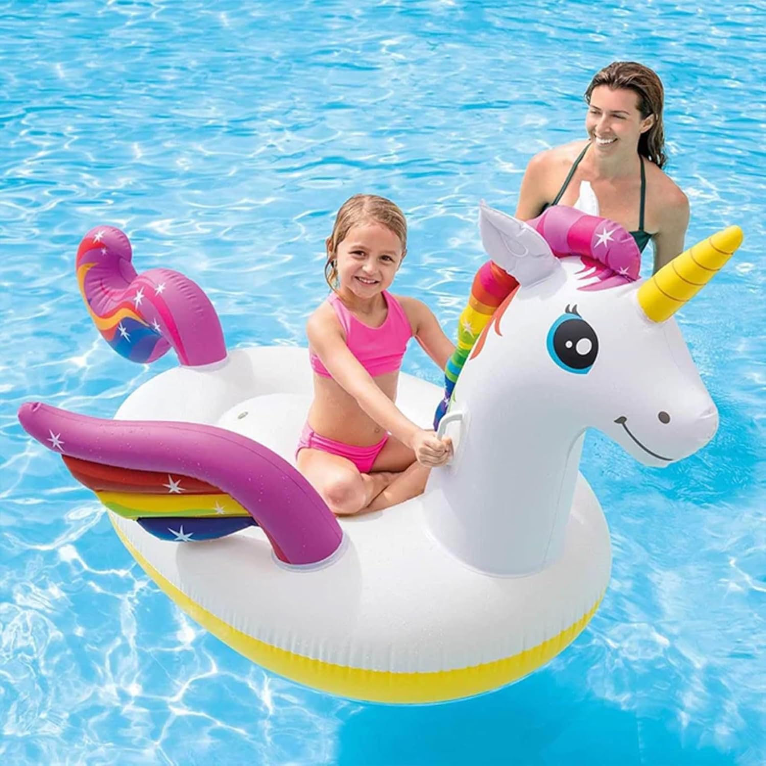 Intex Unicorn Ride-On Inflatable Pool Float with Handles – 155 x 79 x 79 cm | Ages 3+ | Rainbow Sprayer Design