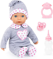 Bayer Tears Baby Interactive Doll 38cm with Sound, Real Tears, and Accessories – Grey & Pink Hearts