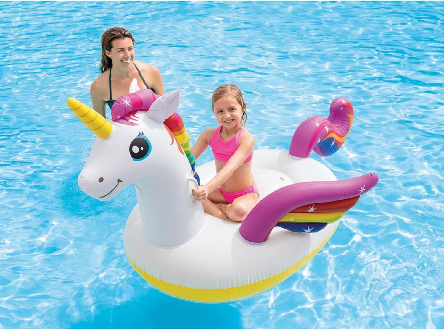 Intex Unicorn Ride-On Inflatable Pool Float with Handles – 155 x 79 x 79 cm | Ages 3+ | Rainbow Sprayer Design