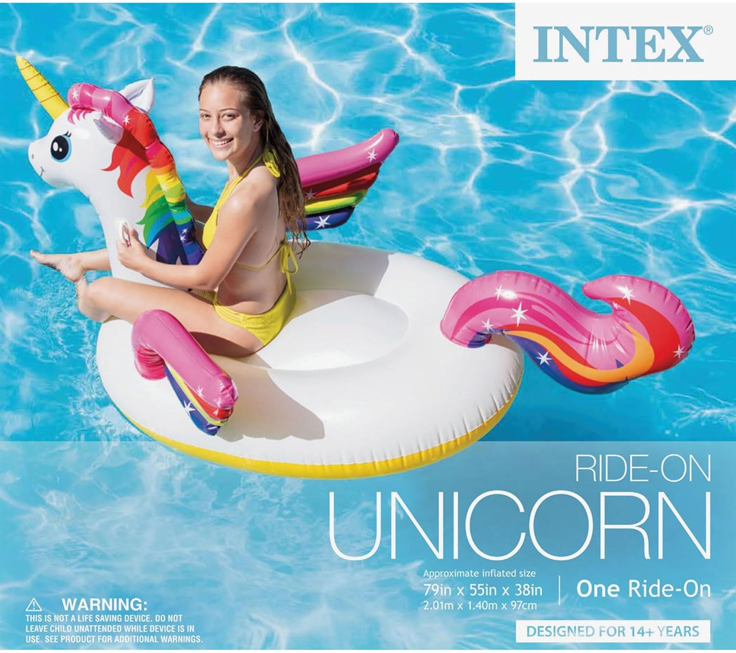 Intex Unicorn Ride-On Inflatable Pool Float with Handles – 155 x 79 x 79 cm | Ages 3+ | Rainbow Sprayer Design