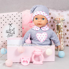 Bayer Tears Baby Interactive Doll 38cm with Sound, Real Tears, and Accessories – Grey & Pink Hearts
