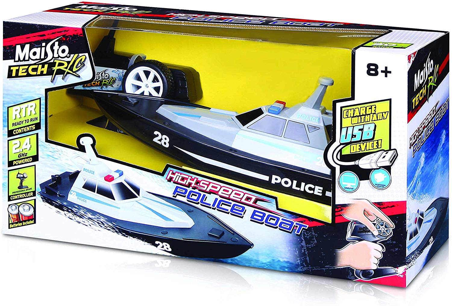 Maisto Tech Remote Control Police Boat 13.4 Inches Long Range 30 Meter 2.4GHz - Colorland Toys