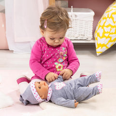 Bayer Tears Baby Interactive Doll 38cm with Sound, Real Tears, and Accessories – Grey & Pink Hearts