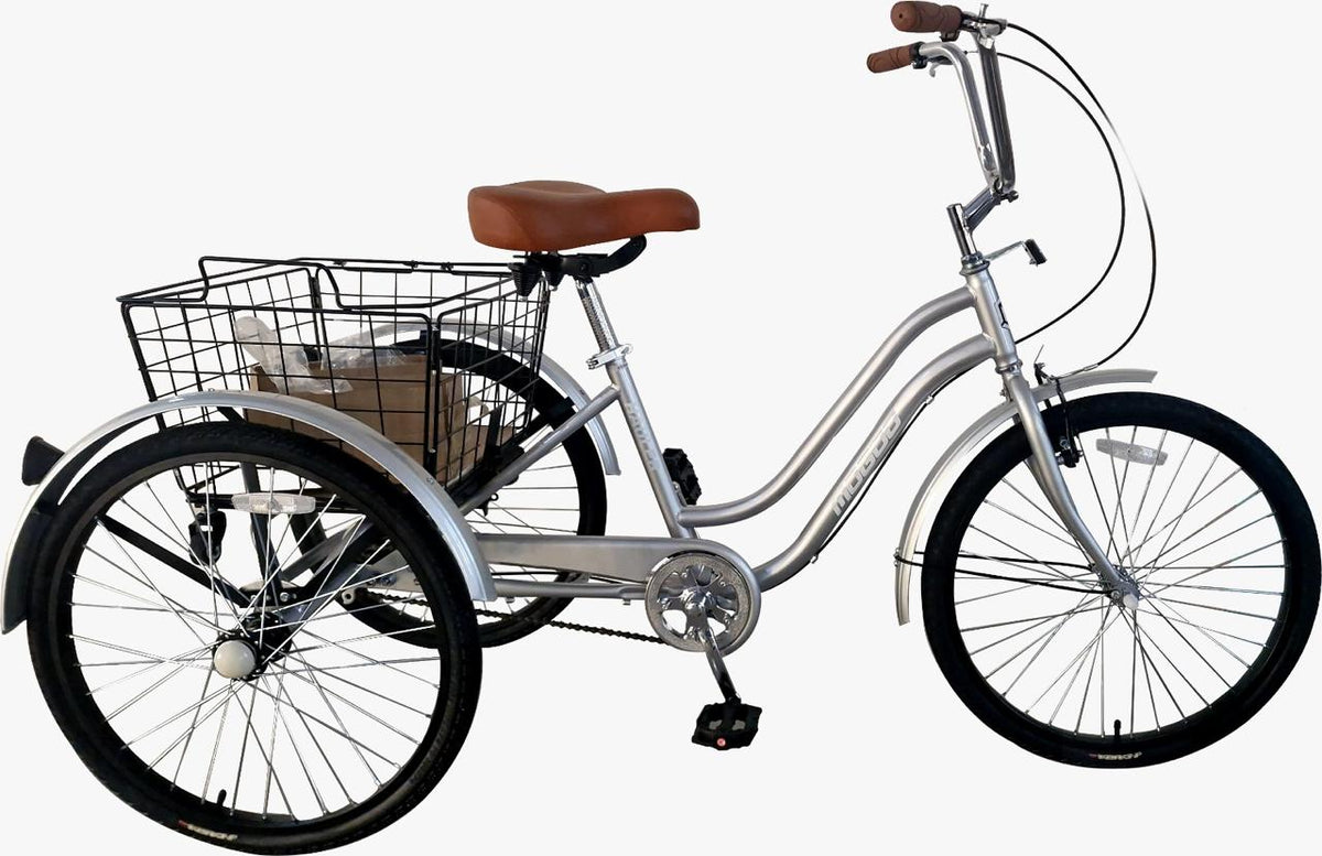 Mogoo Hauler 6-Speed Gear Tricycle with Basket – Silver, 24-Inch